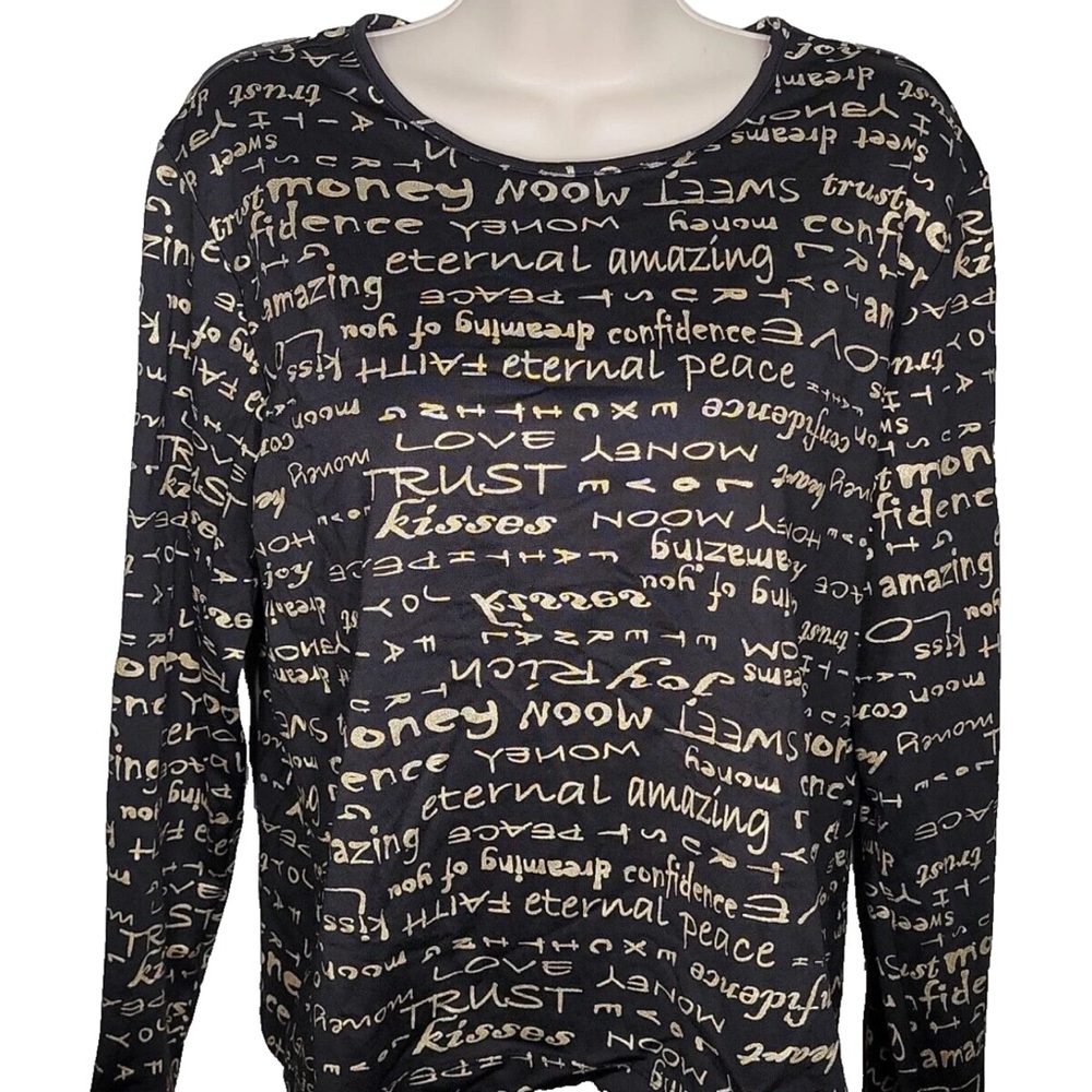 Chico's Black and Gold Graffiti Top with Insirational Words Chico’s Size 2